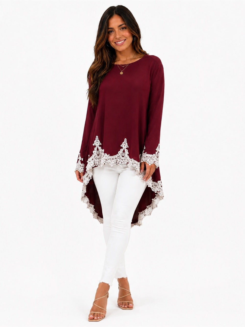 Women’s Burgundy Lace-Trim High-Low Tunic Top